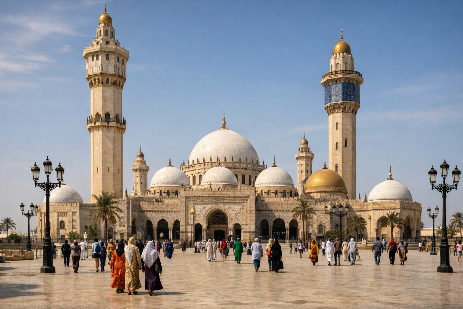 The Great Mosque of Touba with tall minarets.