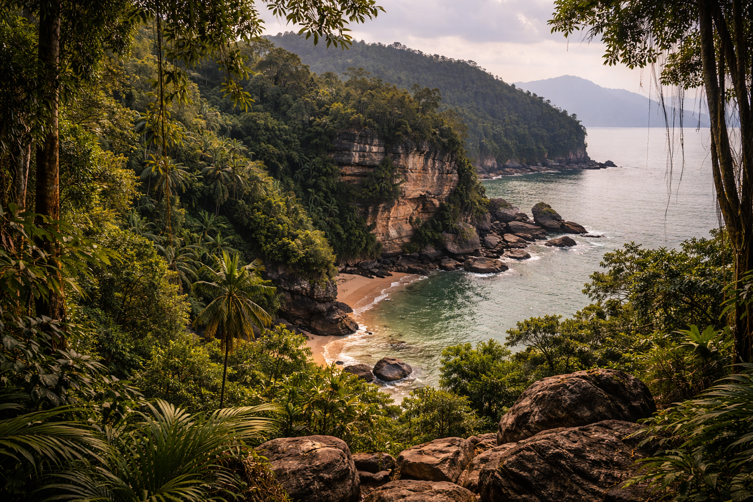 Национальный парк Бако с джунглями, скалистым побережьем, тропами и дикой природной атмосферой на Борнео