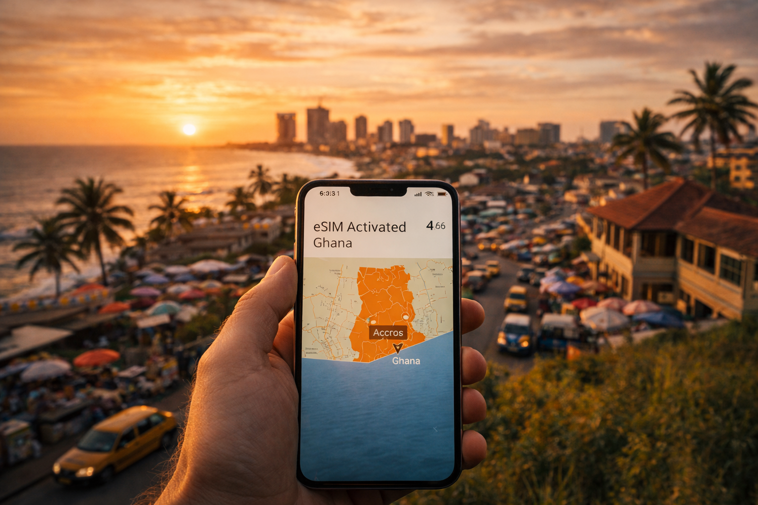 A smartphone with an active eSIM against the backdrop of Accra in Ghana and the Atlantic coastline