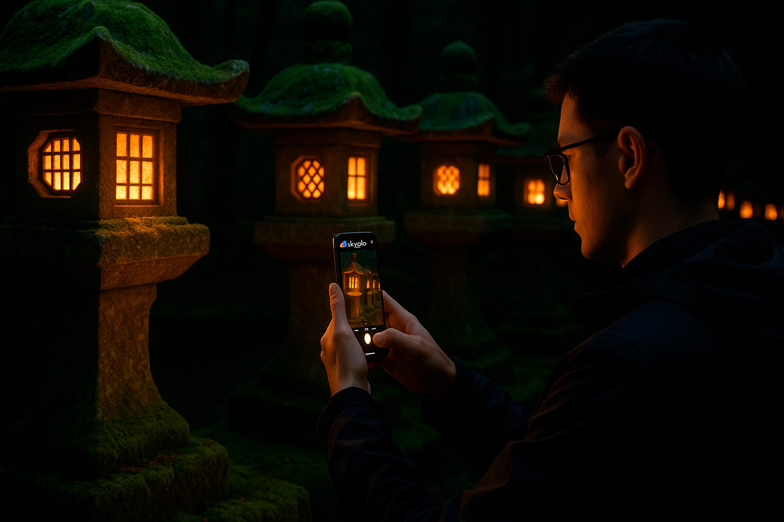 Mossy stone lanterns at Kasuga Shrine; smartphone with Skyalo eSIM glowing in the twilight