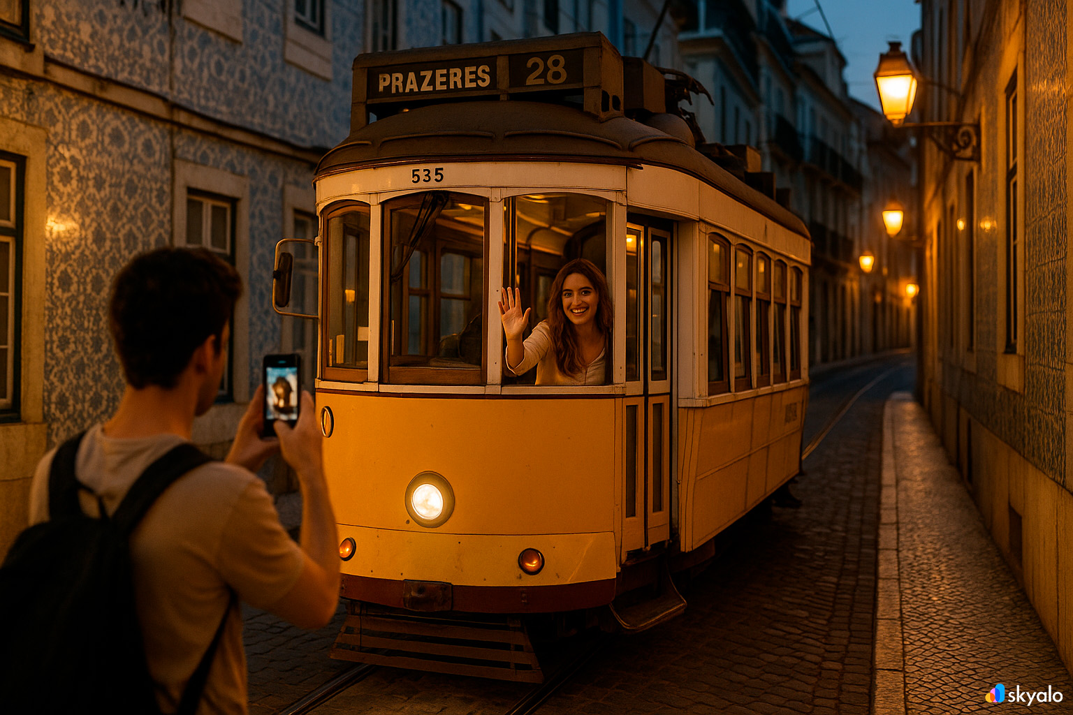 Man photographing his partner boarding tram 28E in Alfama amid azulejos and evening lights
