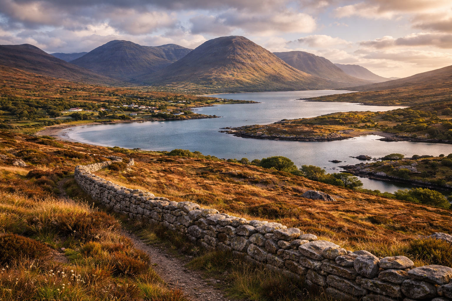 קונמארה באירלנד עם ביצות, אגמים, קירות אבן, מפרצים ואור מערבי רך.