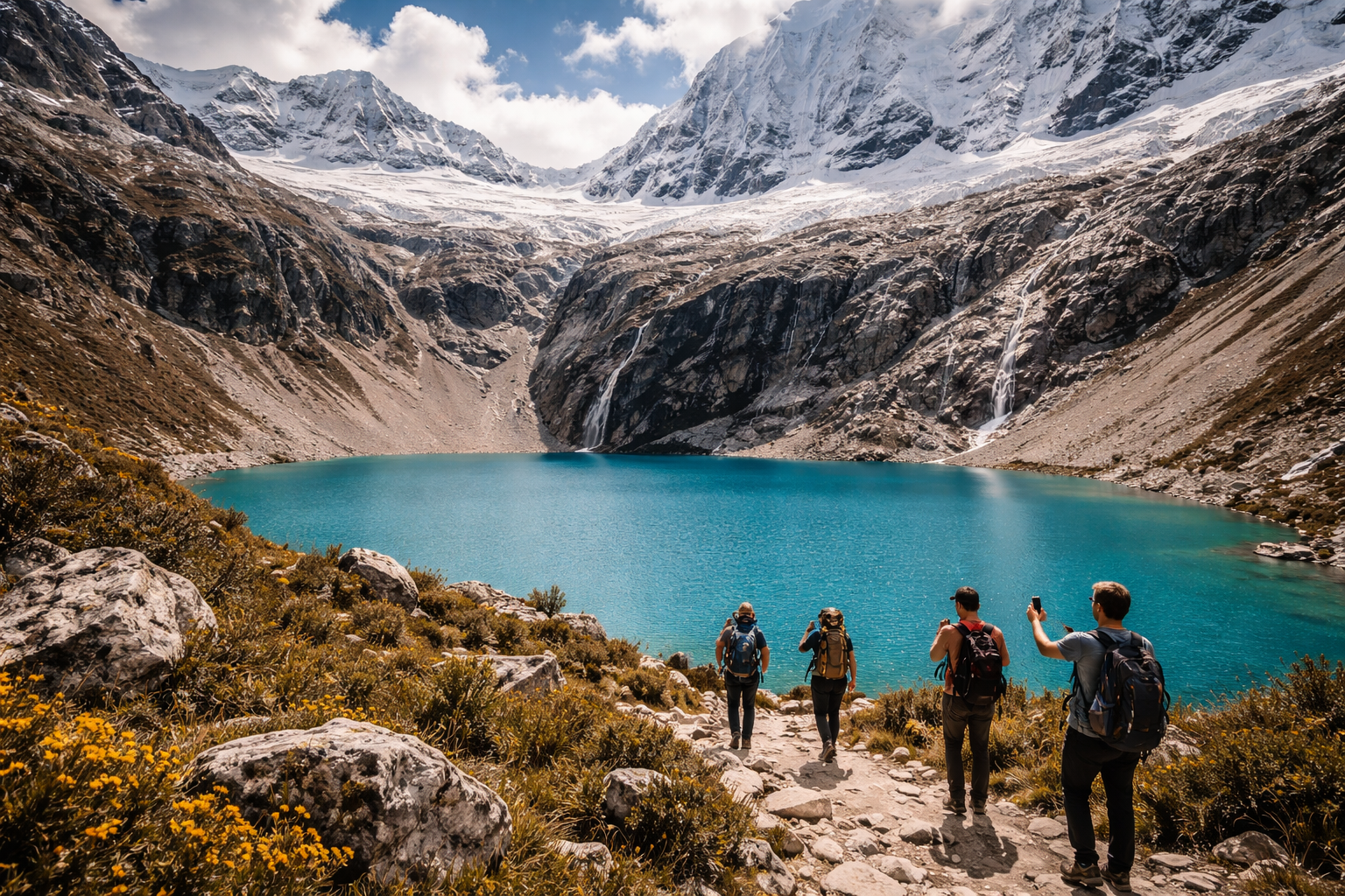 Góry Cordillera Blanca i turkusowe jezioro Laguna 69 w Peru