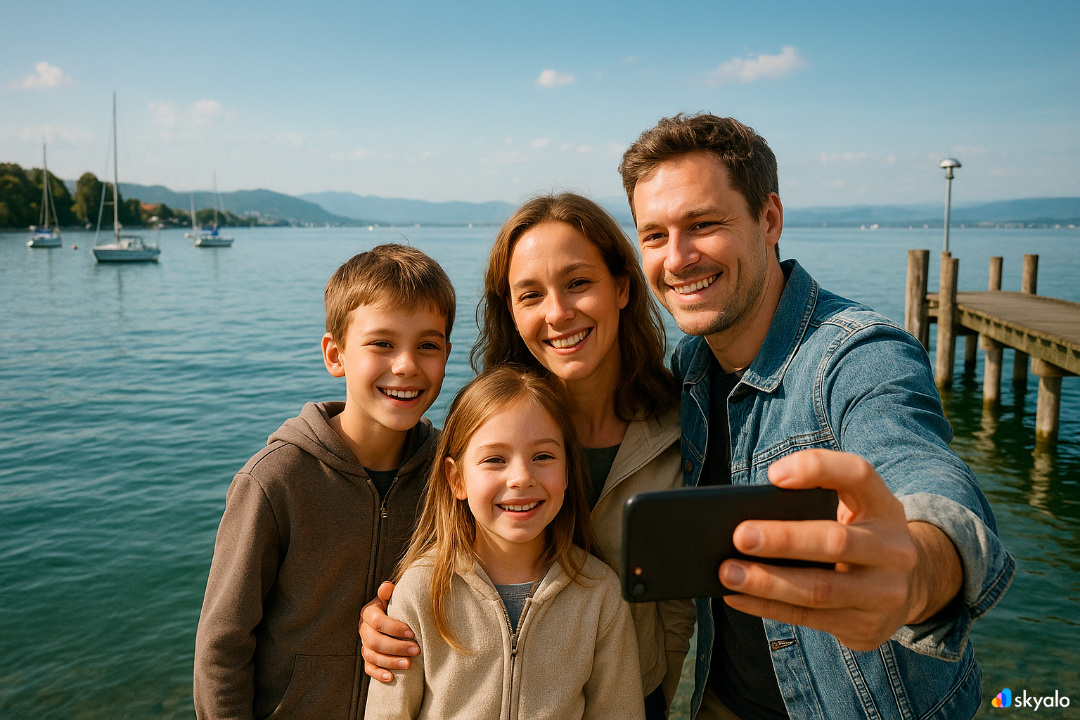 Lake Constance; family taking selfies at the pier, sharing pictures via eSIM