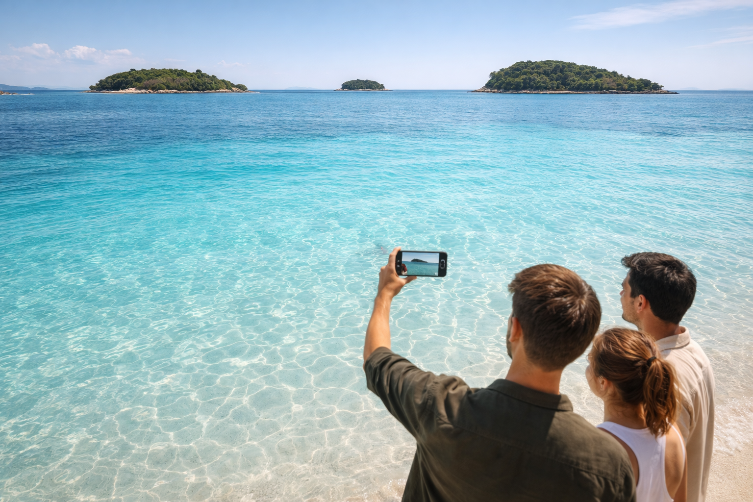 Ksamil’s turquoise beaches in Albania with clear water and islands in the background