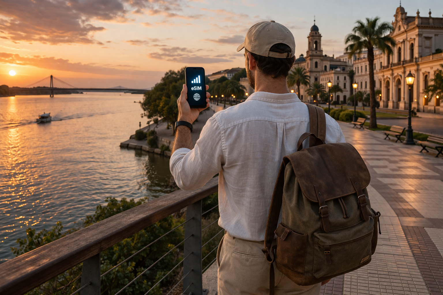 パイサンドゥの川沿いの街、建築、穏やかな雰囲気、スマホとeSIMを使う旅行者