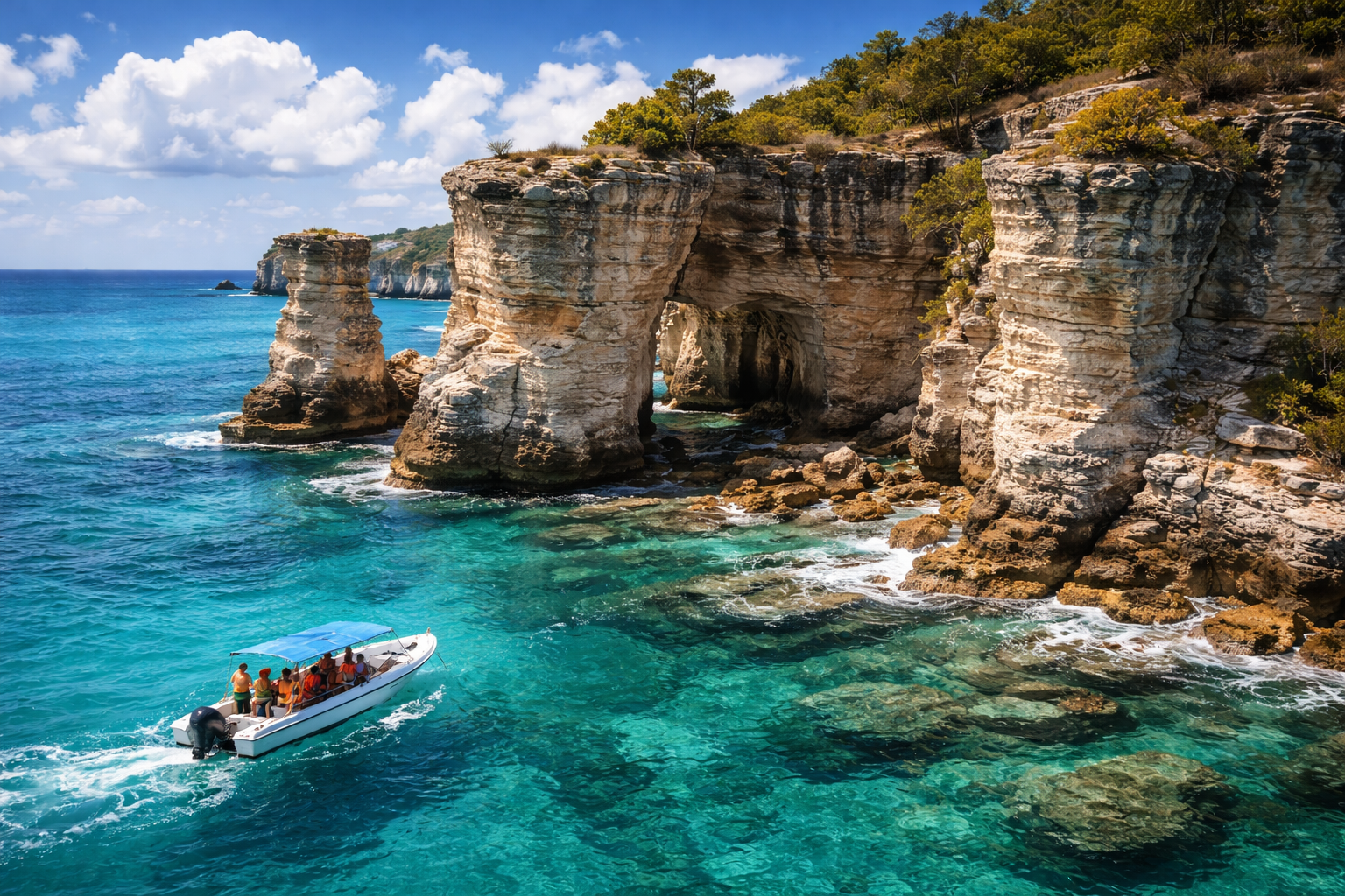 The Pillars of Hercules rocks near English Harbour and travelers on a boat