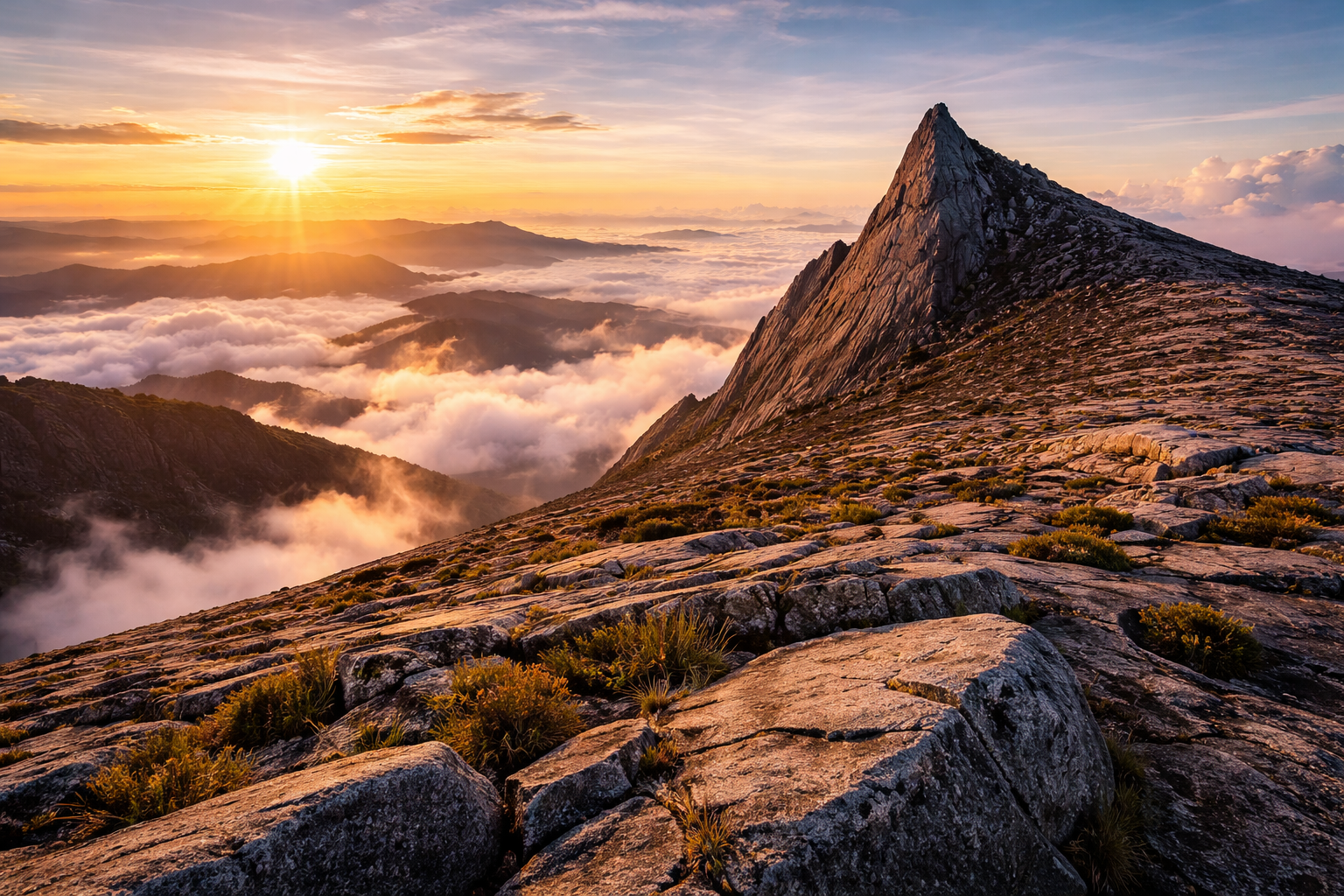 Гора Кинабалу с вершиной в облаках, горным рельефом и масштабным природным пейзажем
