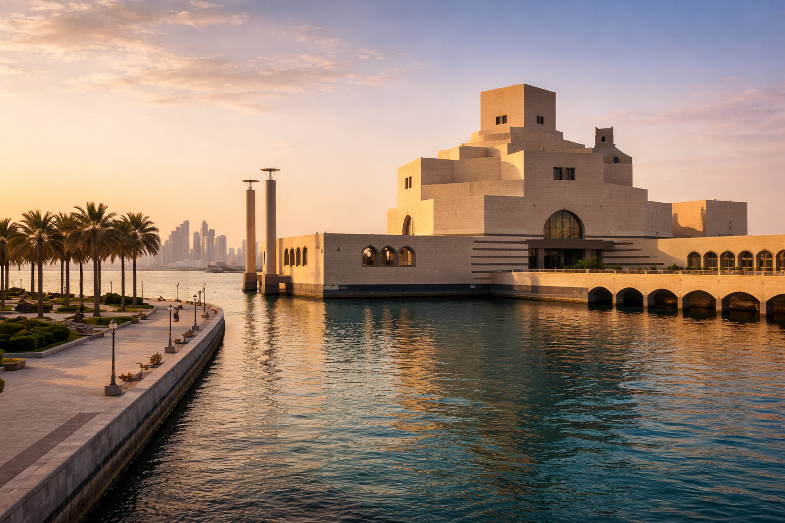 מוזיאון האמנות האסלאמית בדוחא ליד המים, עם אדריכלות מונומנטלית, אבן בהירה ואזור הליכה מרווח על רקע המפרץ השקט