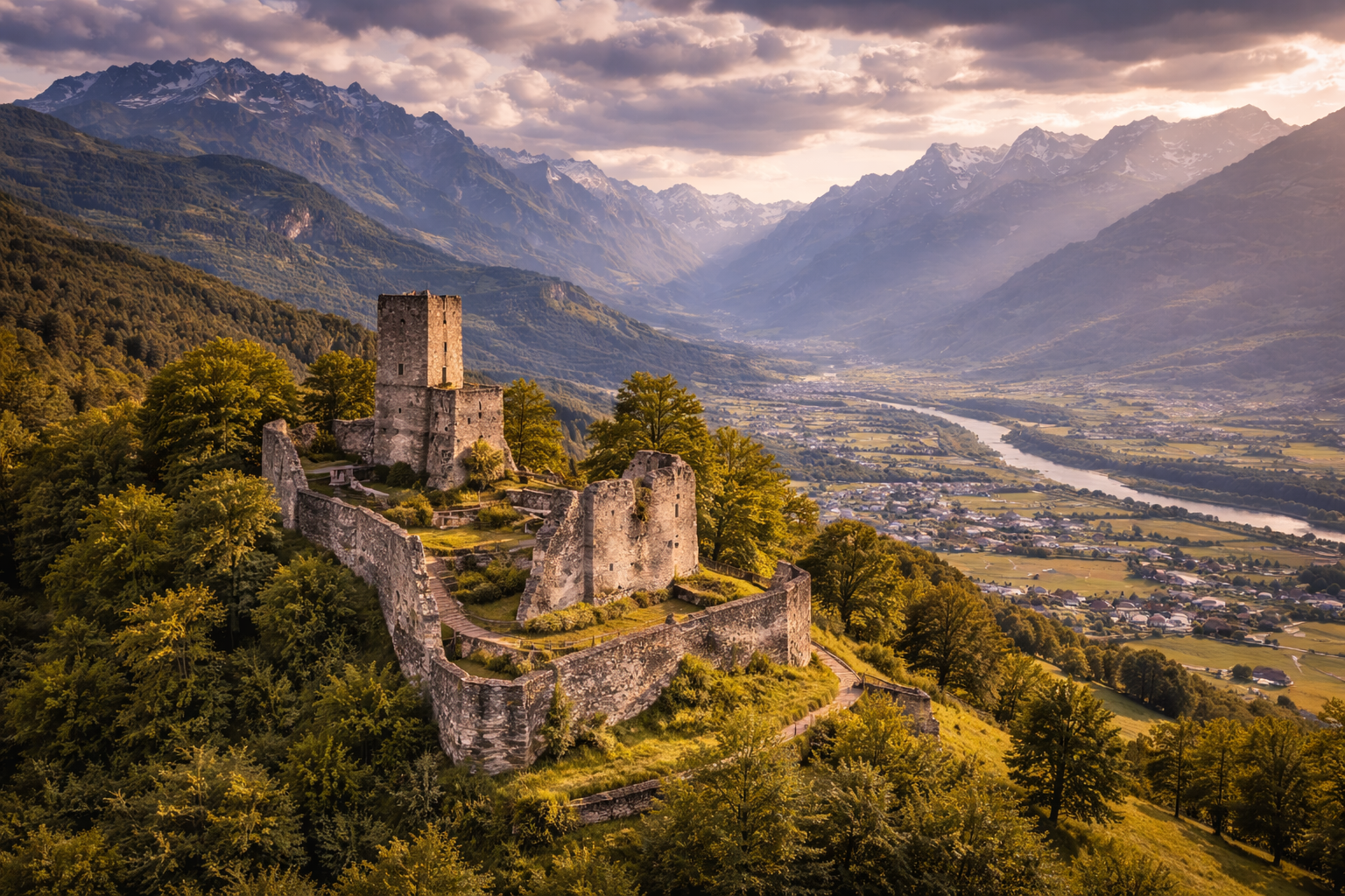 Castle ruins in Schellenberg overlooking the valleys and Alpine mountains