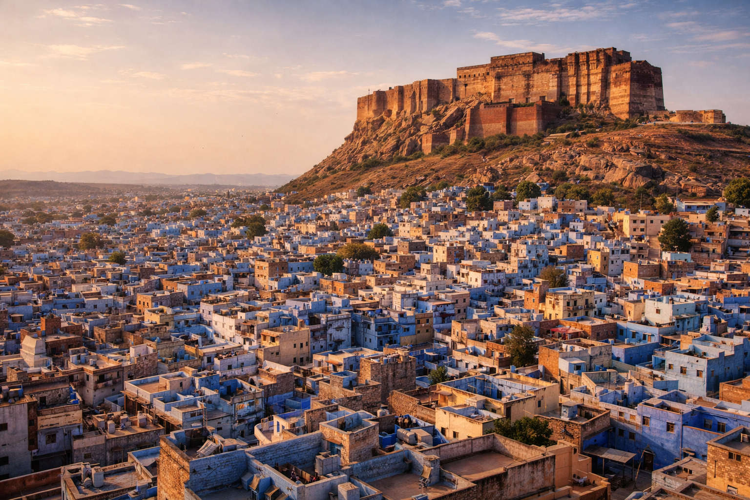جودھپور کا پینورامک منظر، نیلے گھر، مضبوط Mehrangarh قلعہ اور راجستھان کی گرم صحرائی روشنی کے ساتھ۔