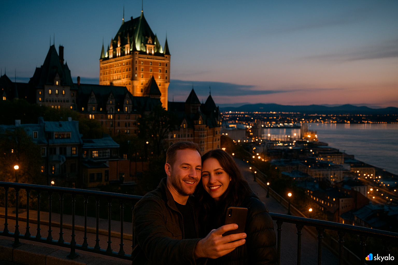 Couple taking a selfie on Dufferin Terrace; travel guide on phone, flags and the St. Lawrence River in background