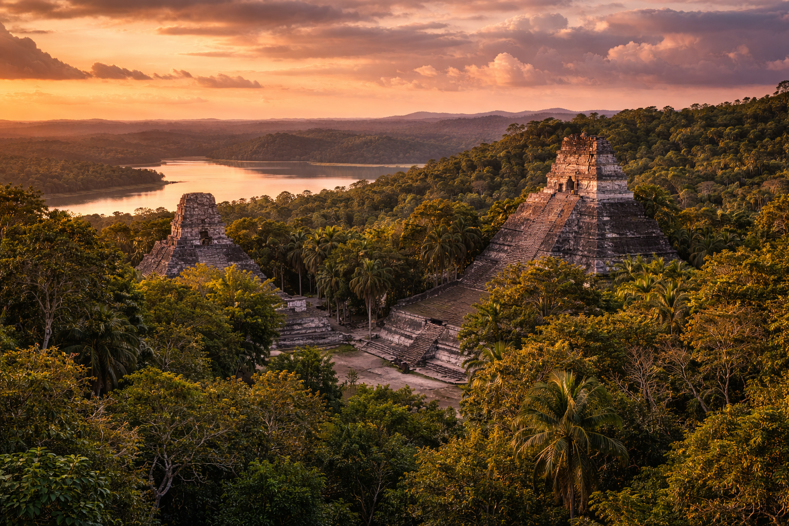 יאשחה בגואטמלה עם פירמידות עתיקות של בני המאיה, ג’ונגלים, אגמים ואווירת נוף ארכיאולוגי