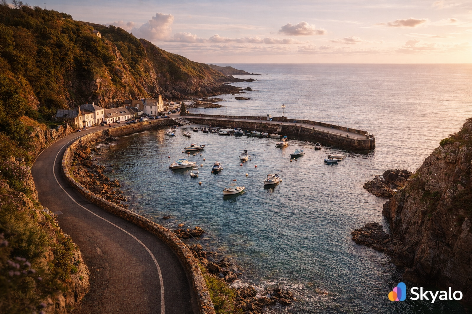מפרץ בון-ניוי בג'רזי עם נמל קטן, סירות, מים שקטים ואור ערב רך.
