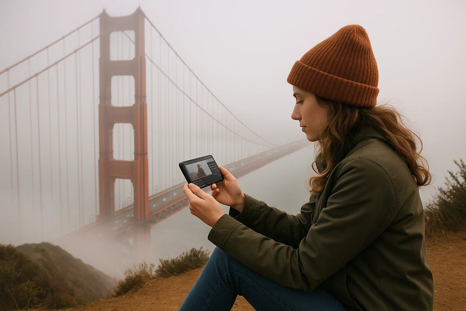 Golden Gate Bridge with woman using eSIM