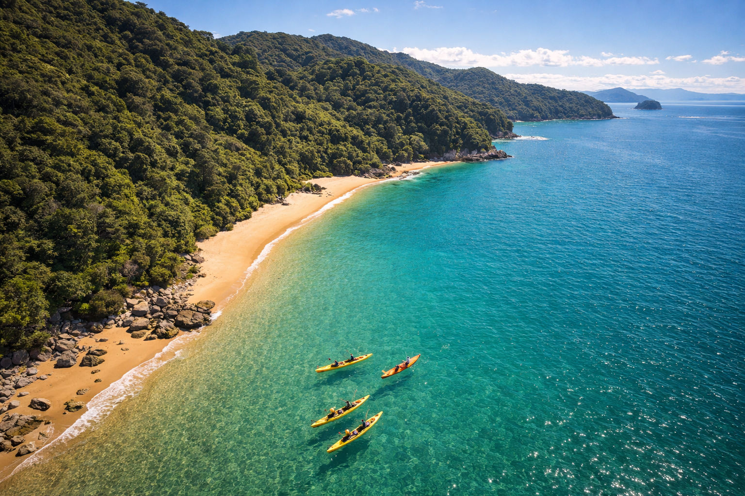 Ābelas-Tasmana pludmale ar tirkīzzilu ūdeni un zaļiem kalniem