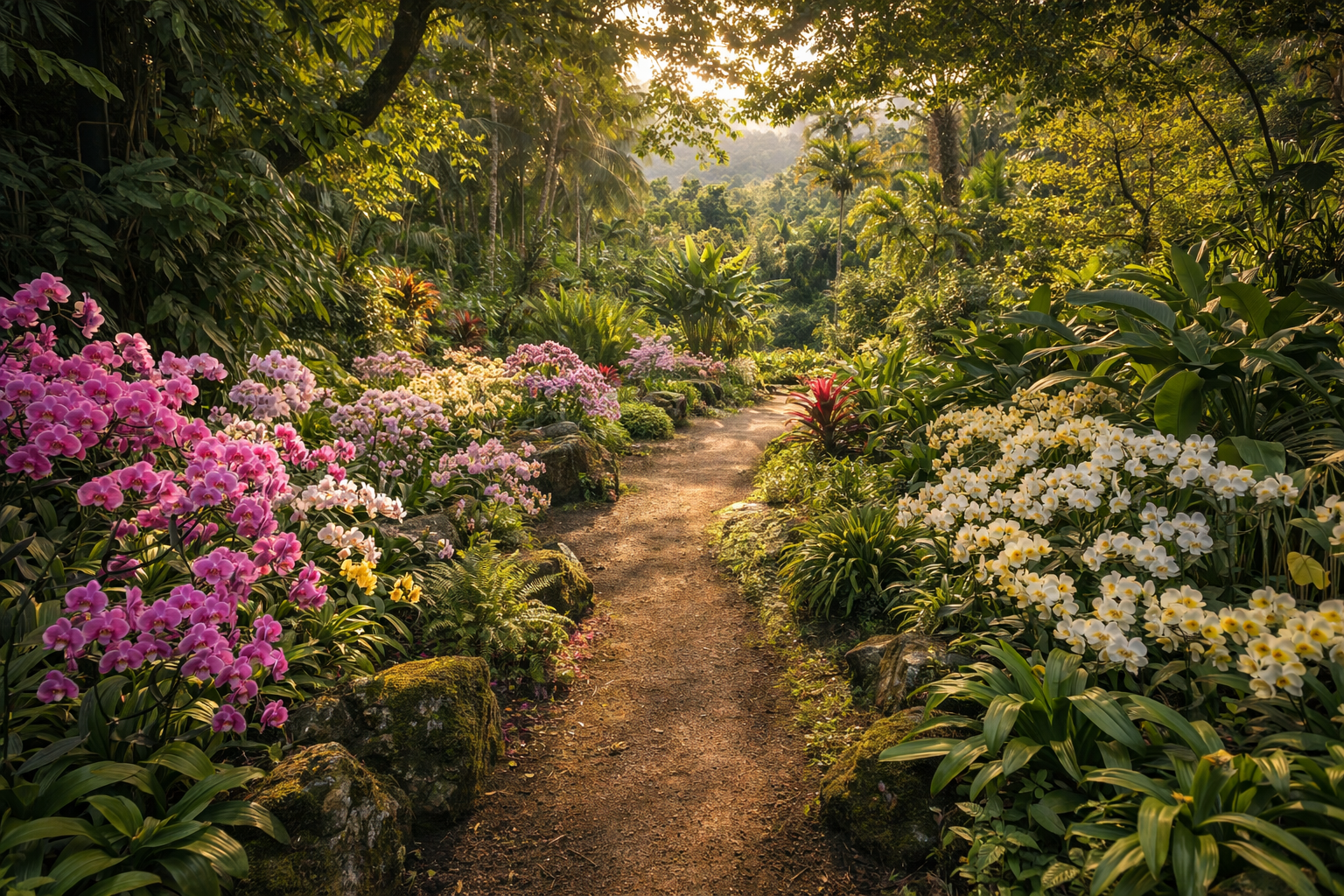 Zahrada Spícího obra s tropickými rostlinami, orchidejemi a zelenými alejemi