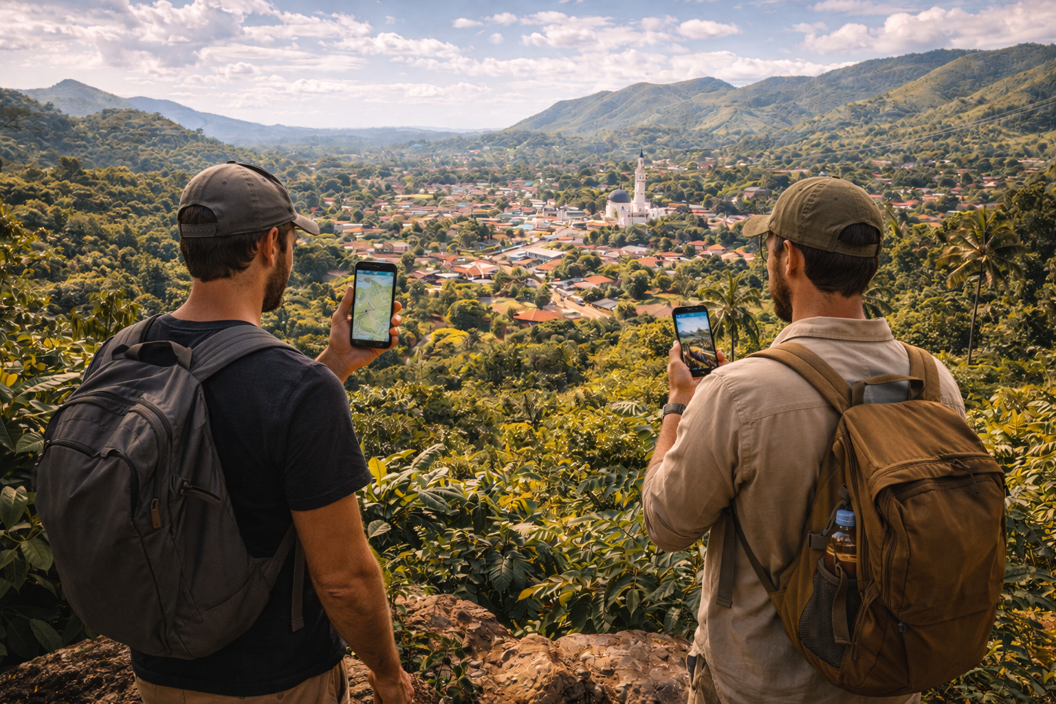 Città di Kindia in Guinea: viaggiatori usano uno smartphone con eSIM