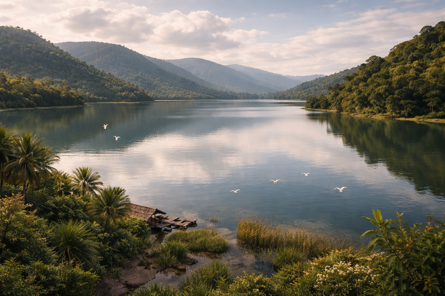 אגם יוחואה השקט בהונדורס, מוקף גבעות ירוקות וטבע טרופי