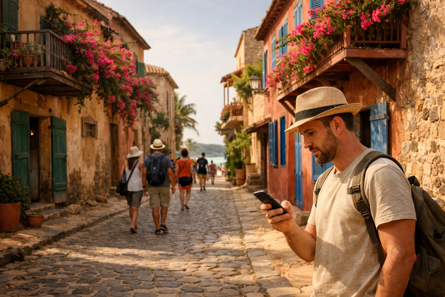 Historic colonial houses and narrow streets of Gorée Island.