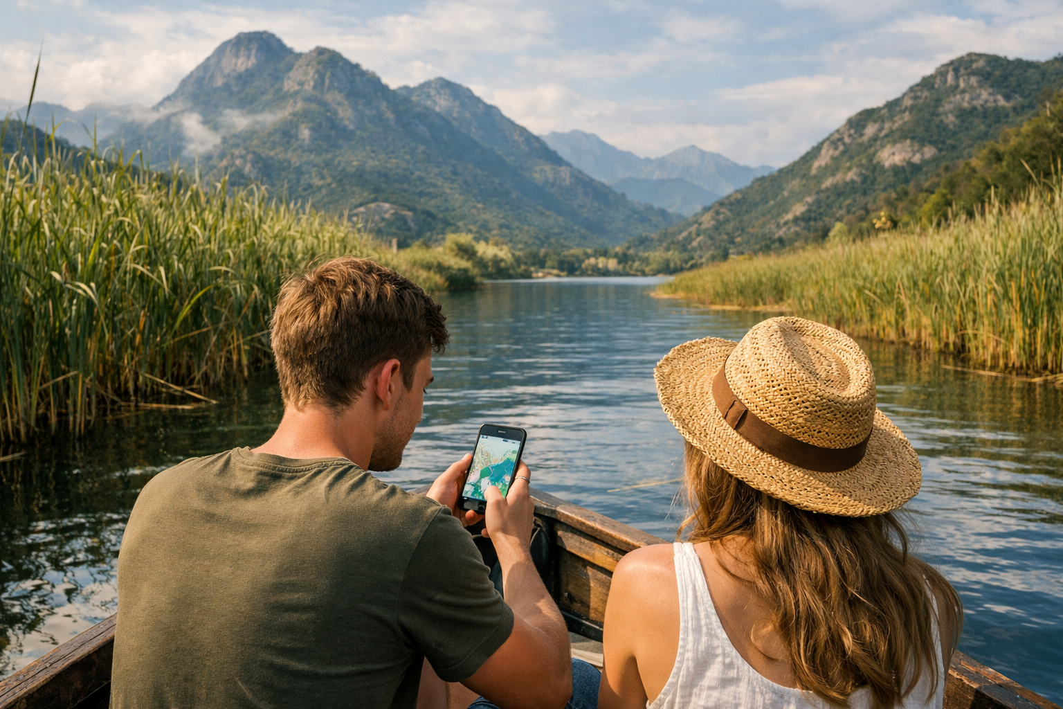 A boat trip on Lake Skadar and a tourist with a smartphone