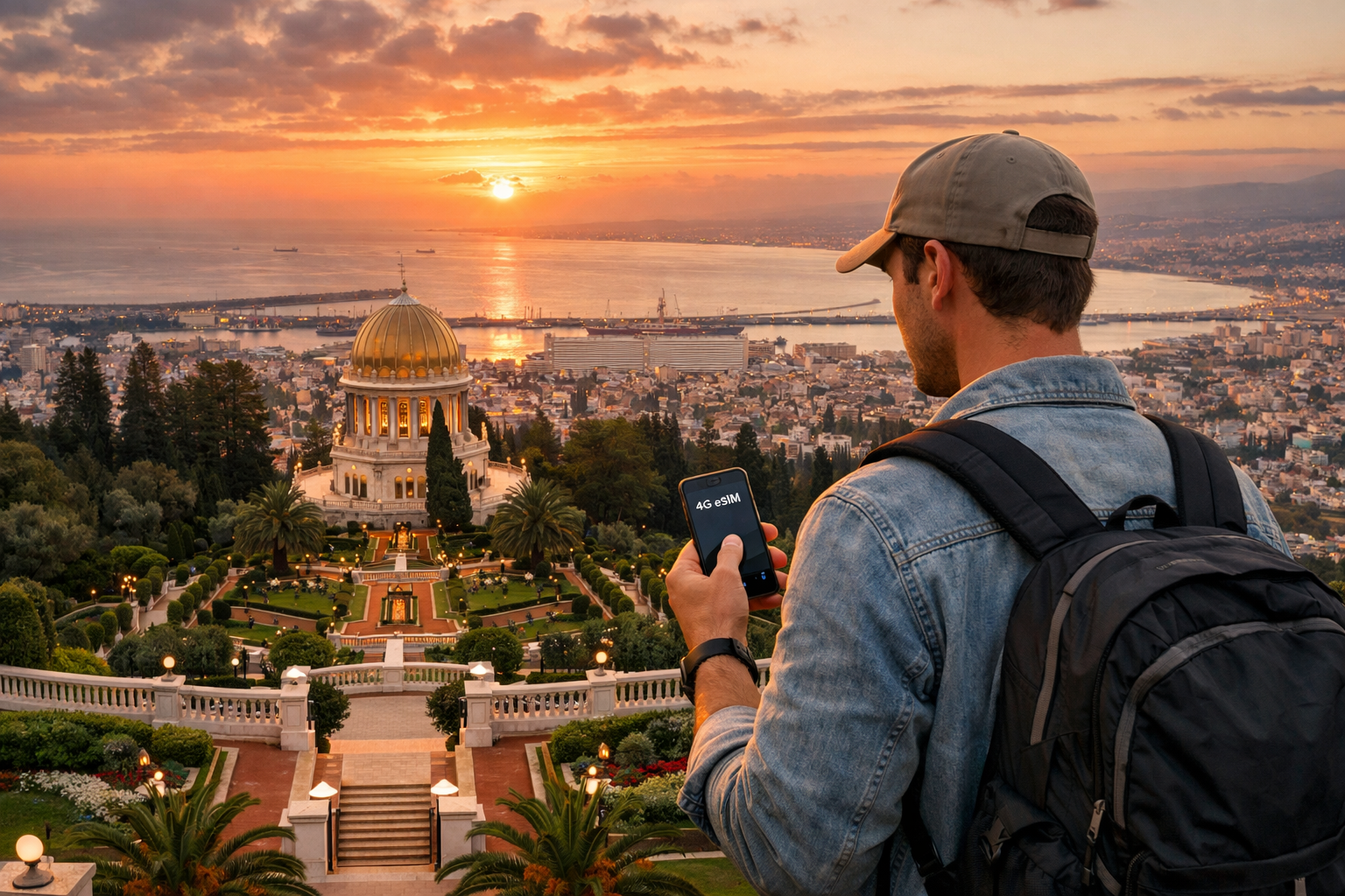 The Bahá’í Gardens in Haifa and a traveler using a smartphone with an eSIM at a viewpoint