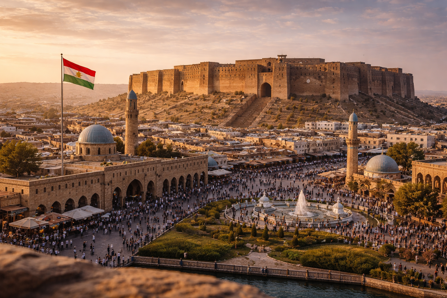 Ciudadela de Erbil y panorama de la ciudad antigua con la zona moderna al fondo en Irak
