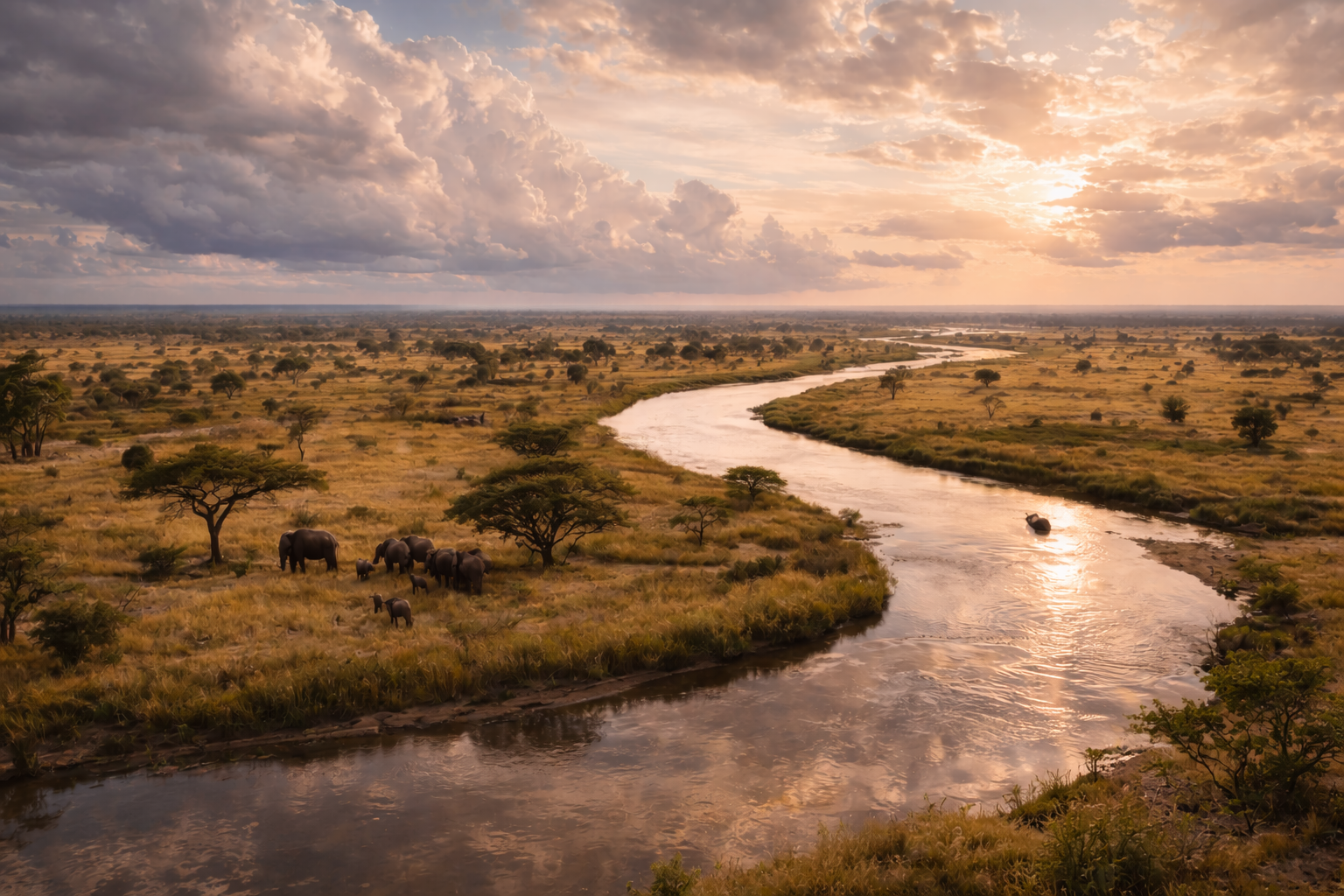 הפארק הלאומי W בבנין עם סוואנה רחבה, נהר, אופק פתוח ואווירה של טבע פראי במערב אפריקה