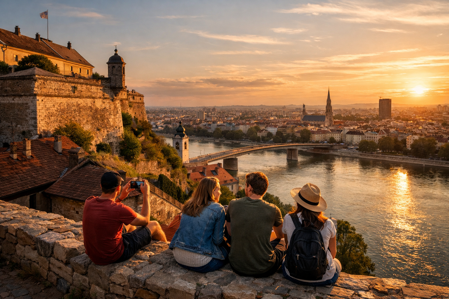 Petrovaradin Fortress in Novi Sad with panoramic views of the Danube River and the old town.