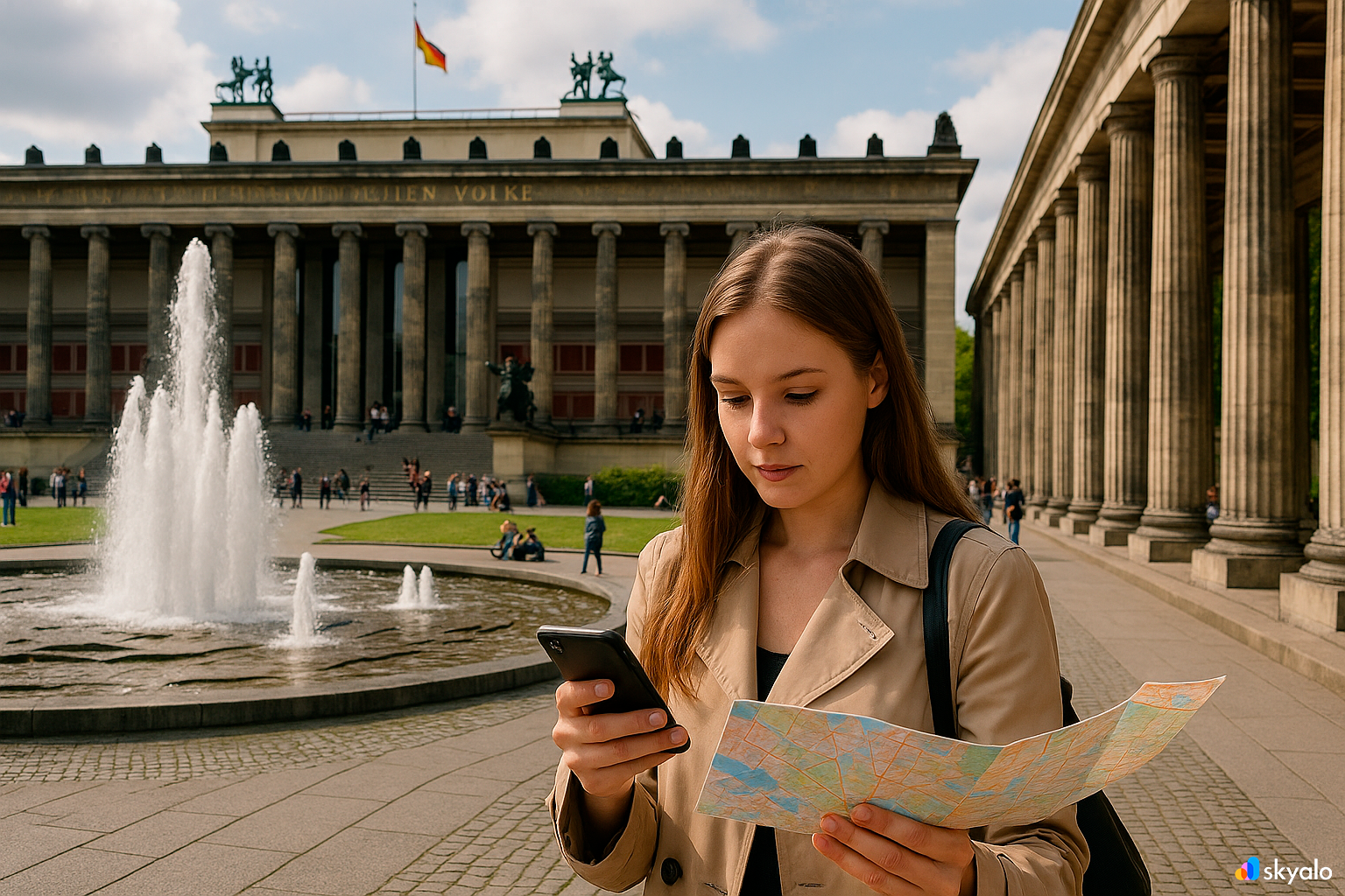 Museum Island in Berlin; a tourist consults a map by the colonnade
