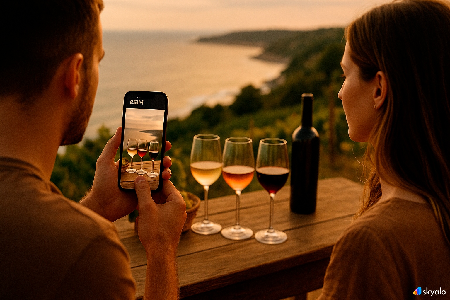 Couple photographing a tasting in Margaret River, any route with eSIM; the ocean shimmers in the distance