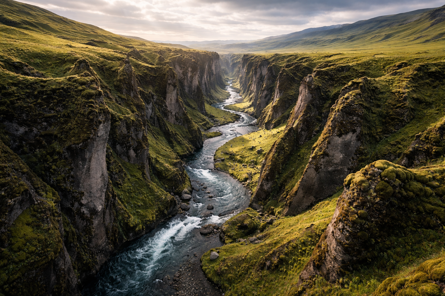 Fjadlārgljūfura kanjons Islandē ar līkumotu upi, zaļām nogāzēm un dziļām dabas līnijām
