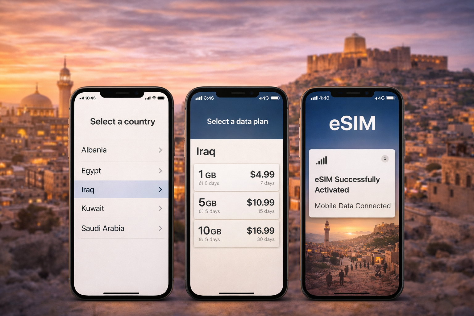 Activación de eSIM para Irak en tres smartphones: elección del país, tarifa y activación exitosa