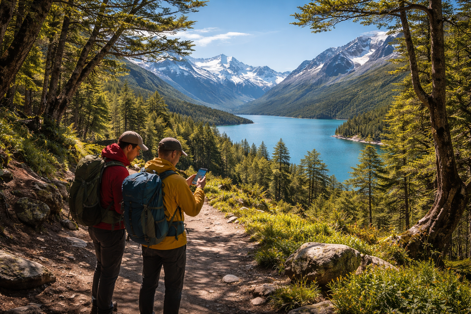 Tierra del Fuego National Park and tourists navigating with a map via eSIM