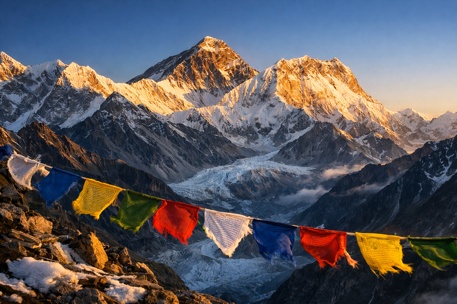 Il monte Everest e le vette himalayane all’alba in Nepal