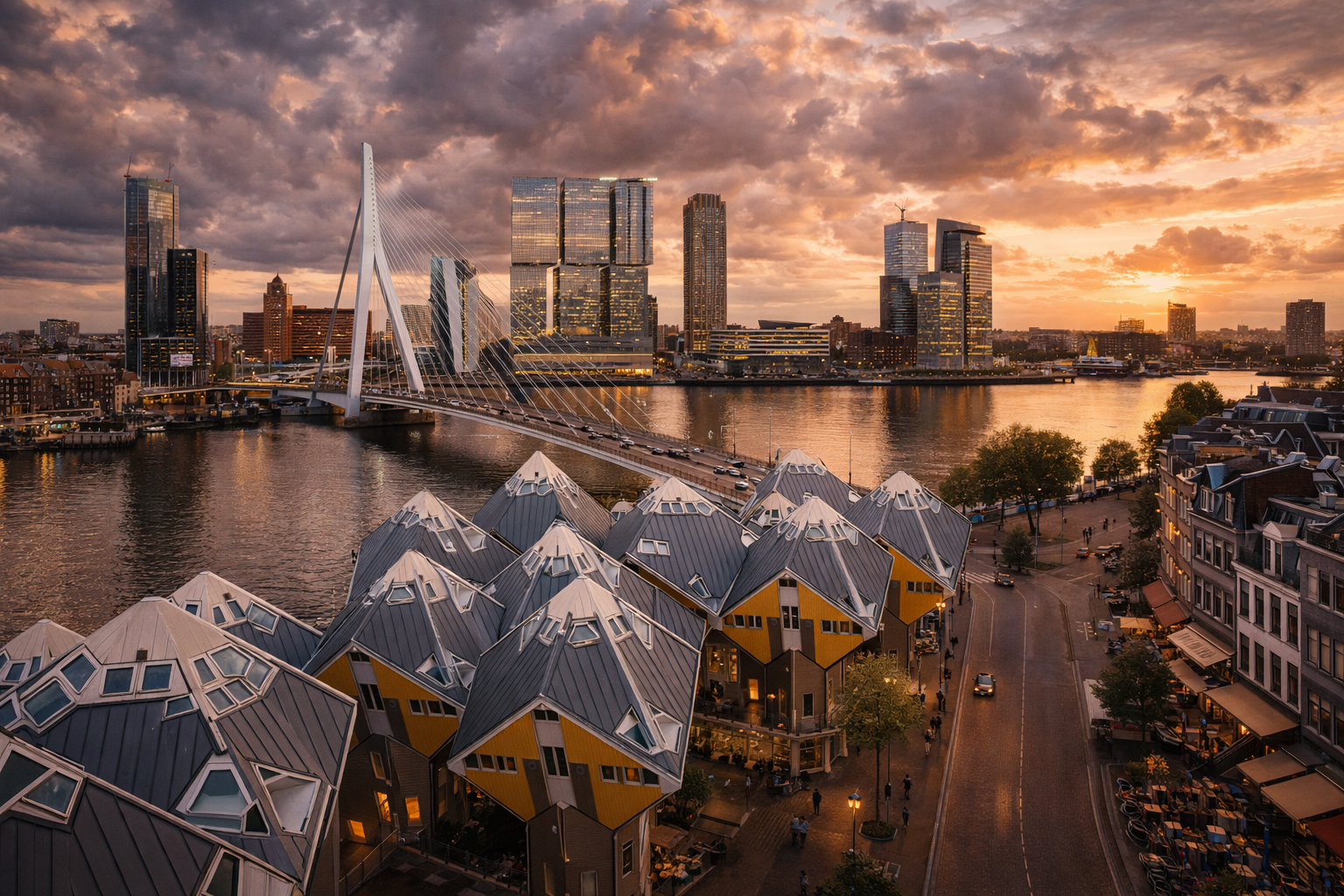 Rotterdam’s modern skyline with the Erasmus Bridge and Cube Houses