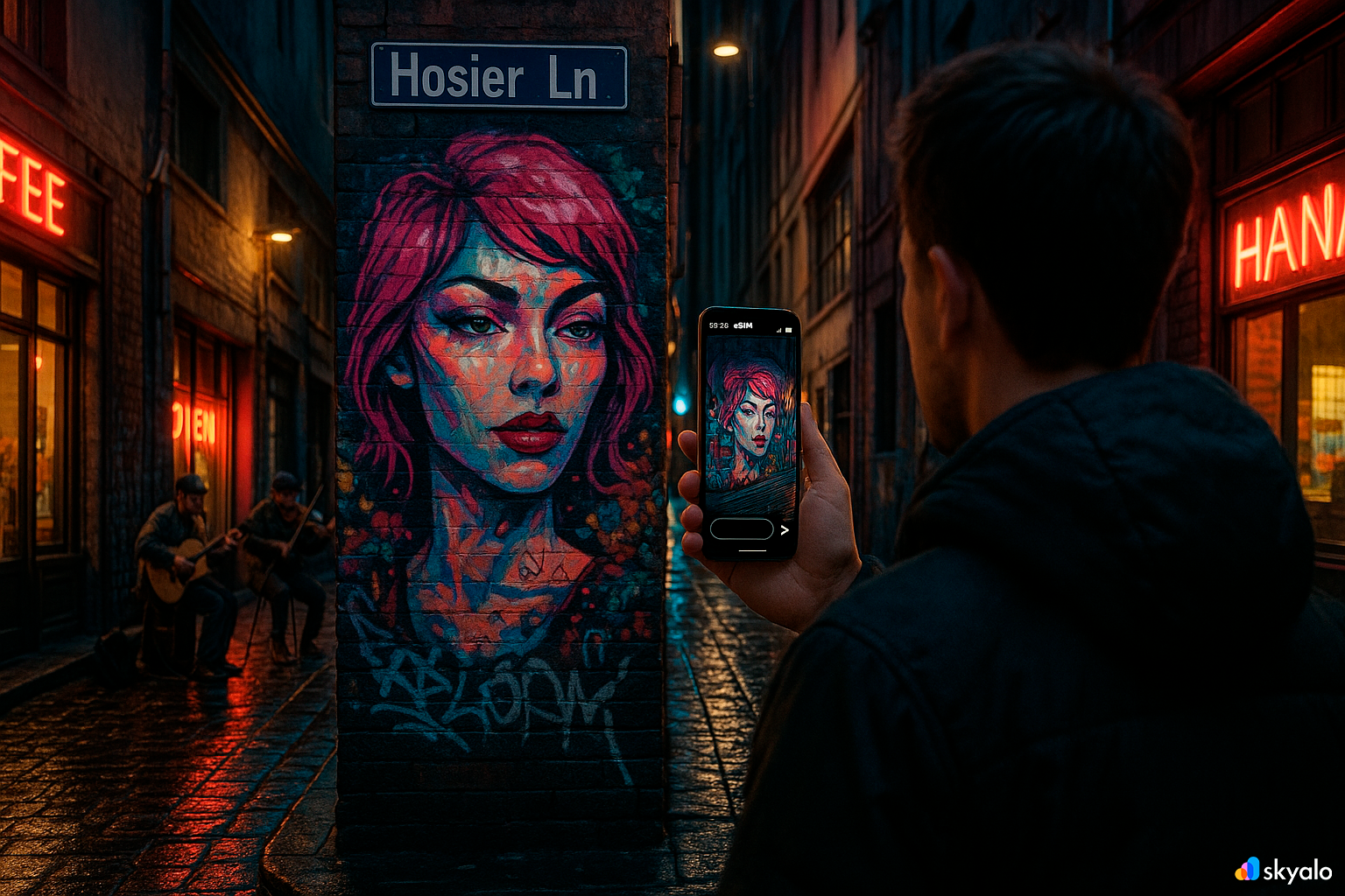 Tourist photographing street art in Melbourne’s laneways; posting a story thanks to Skyalo eSIM, wet cobbles and neon