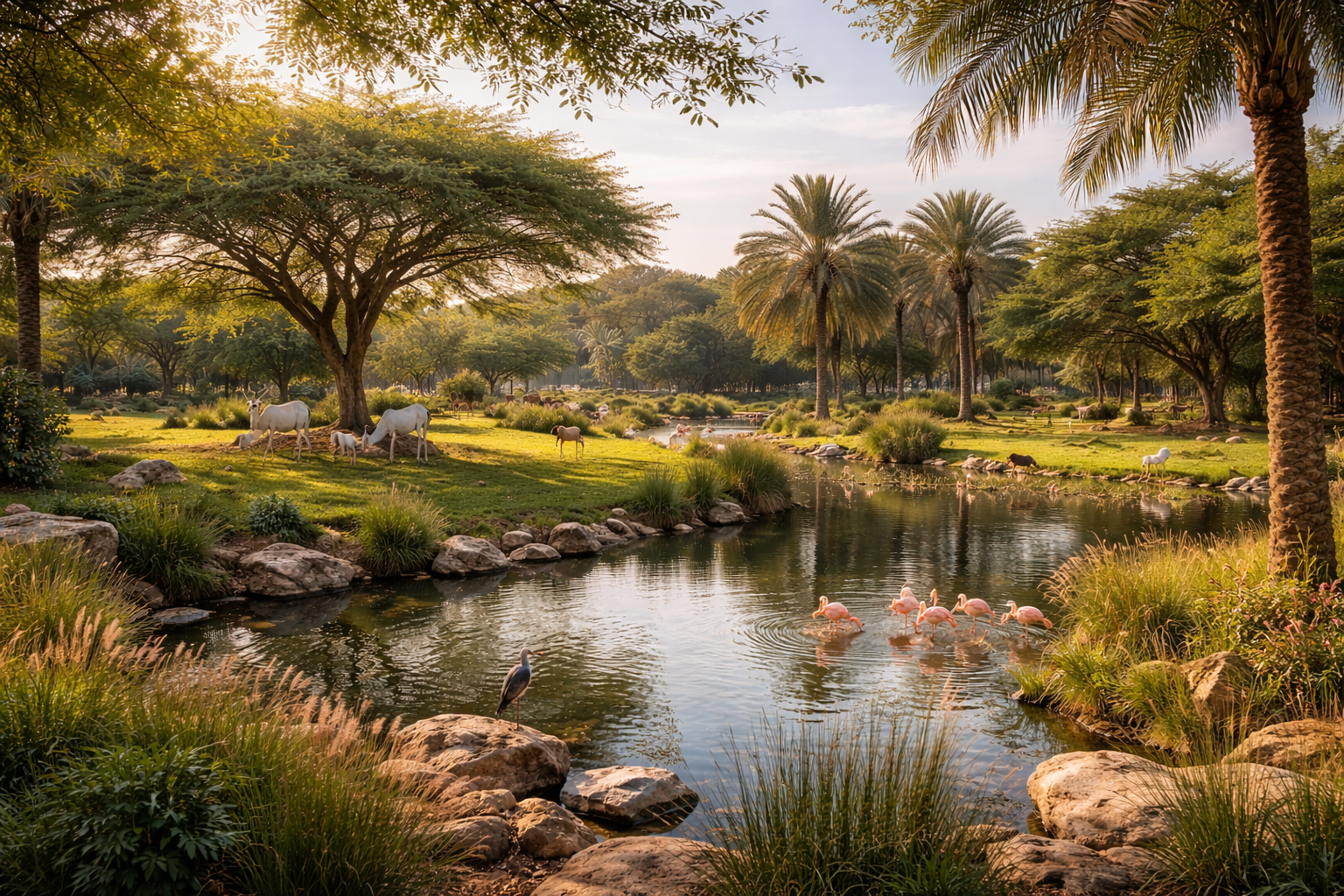 פארק טבע בבחריין עם שטח ירוק ובעלי חיים