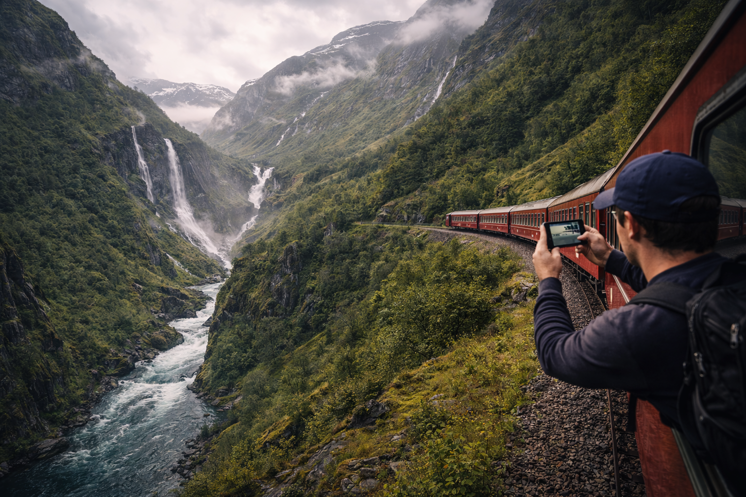 The Flåm Railway train among Norway’s mountains and waterfalls