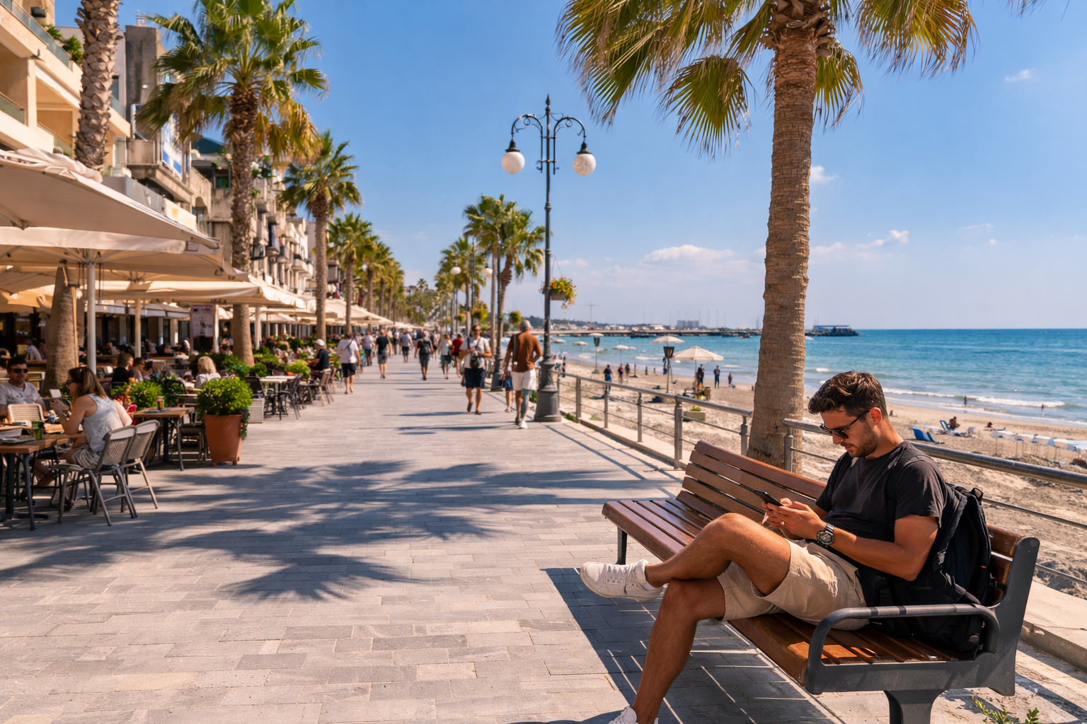 Il lungomare Finikoudes a Larnaca con palme e un turista che usa lo smartphone.