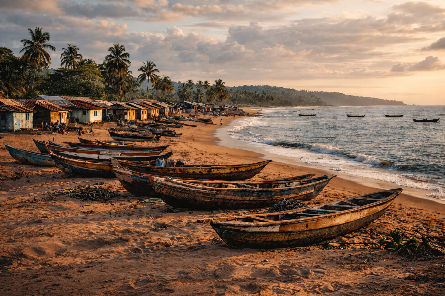 Žvejų kaimas Liberijoje su valtimis ir vandenynu