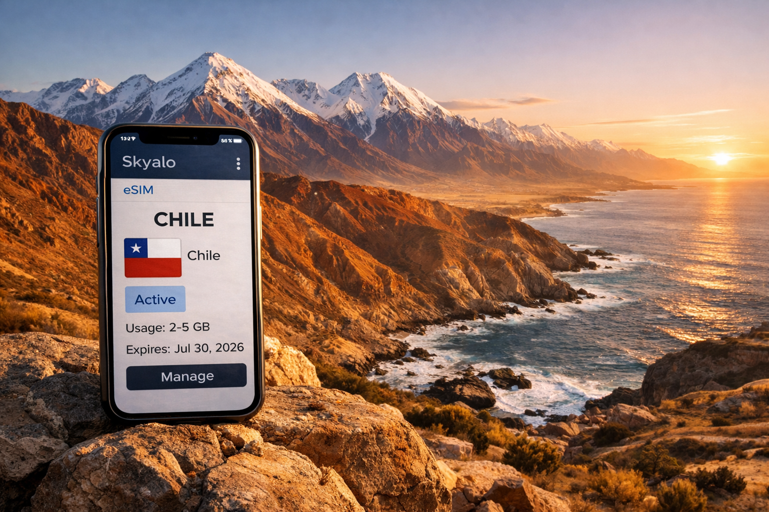 Smartphone con eSIM sullo sfondo dei paesaggi del Cile: Ande e deserto di Atacama