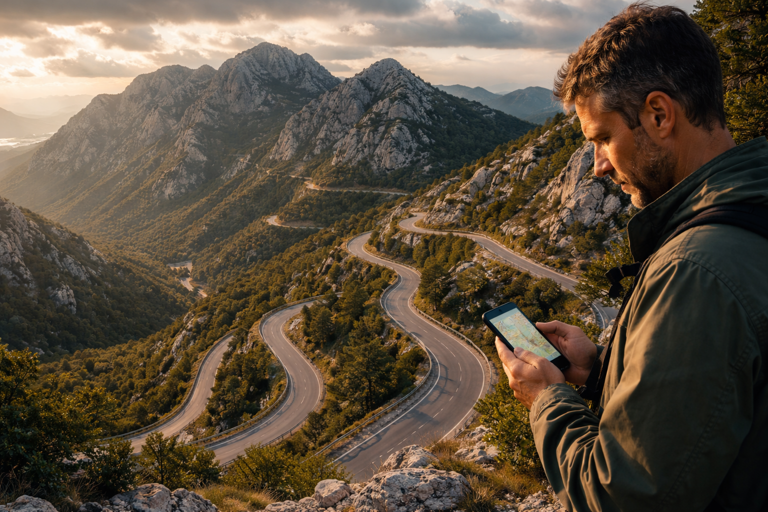 A mountain road in Lovćen Park and a traveler with a smartphone