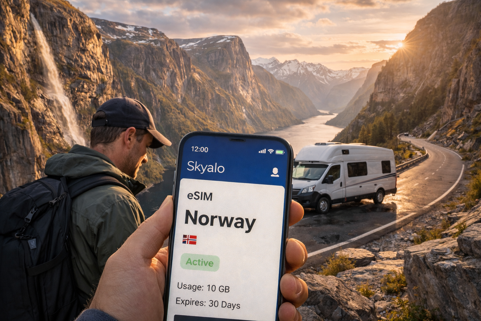 A Norway fjords journey with an active eSIM on your smartphone – a road trip on a mountain road