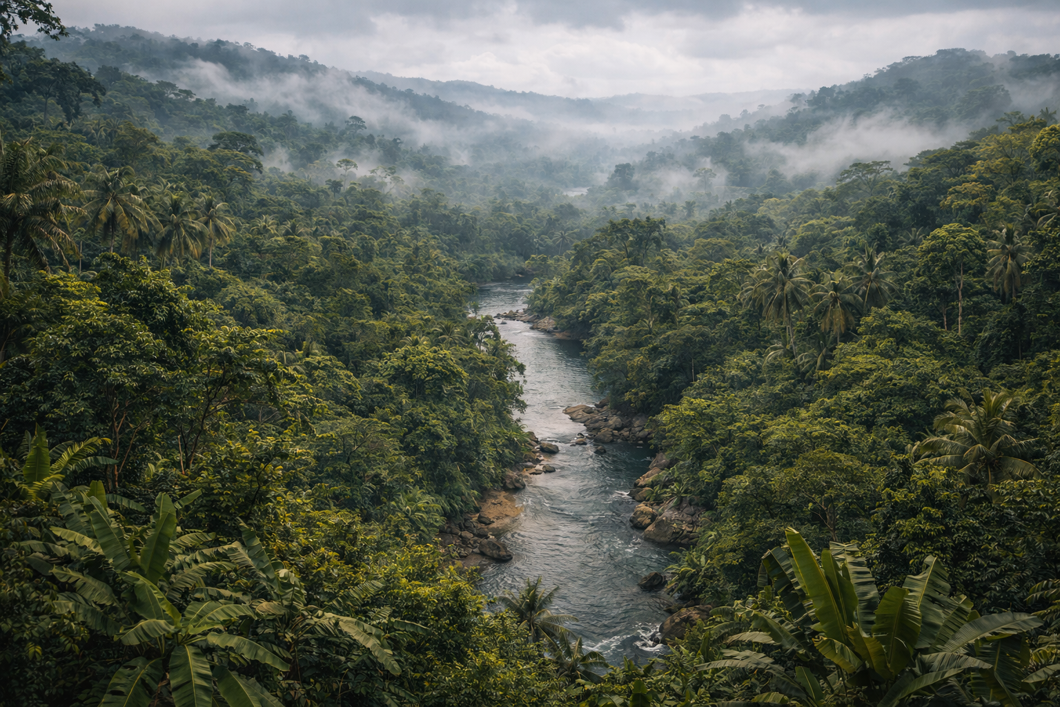 Tropinis Sapo nacionalinio parko miškas Liberijoje su tankia augmenija ir upe