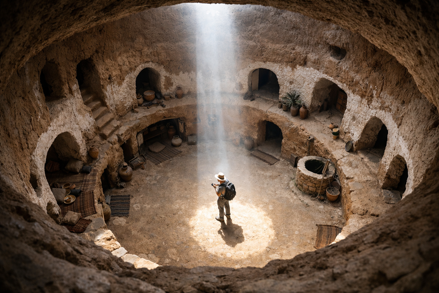 Underjordisk gårdsrom i Matmata sett ovenfra med turist og smarttelefon
