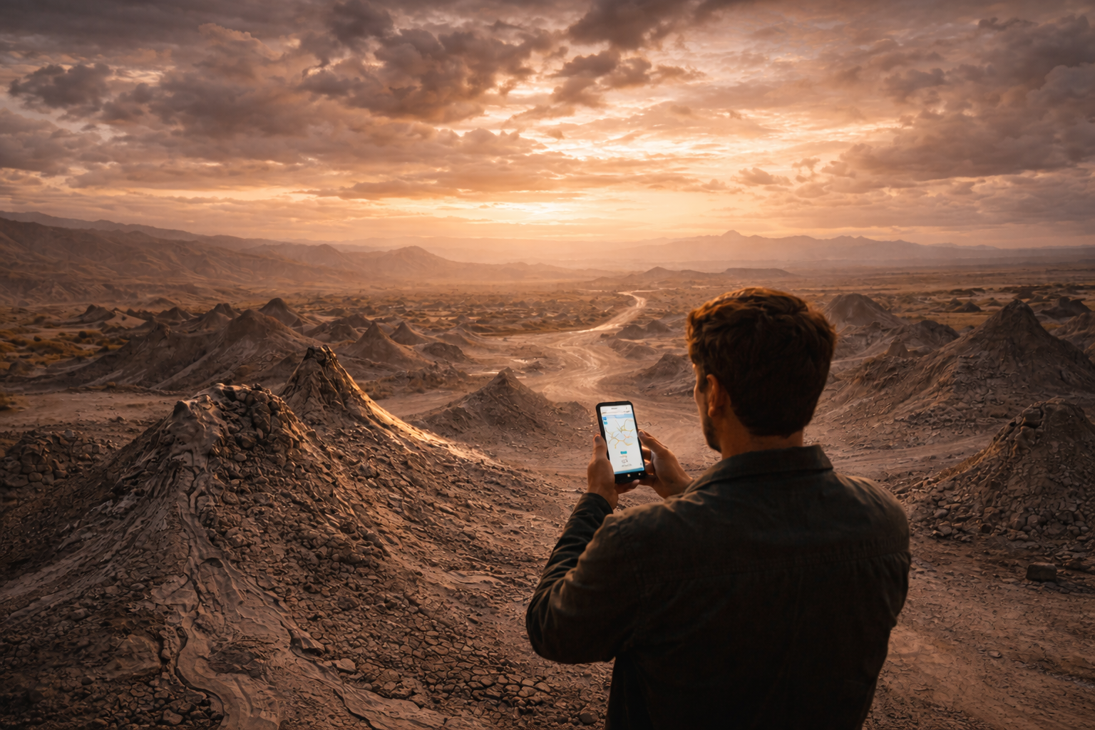 Gobustan—an epic rocky landscape with mud volcanoes and a wide horizon under dramatic skies; a tiny figure seen from behind holds a phone in front of them, the navigation route faintly visible on the screen; nature’s scale overwhelms the person.