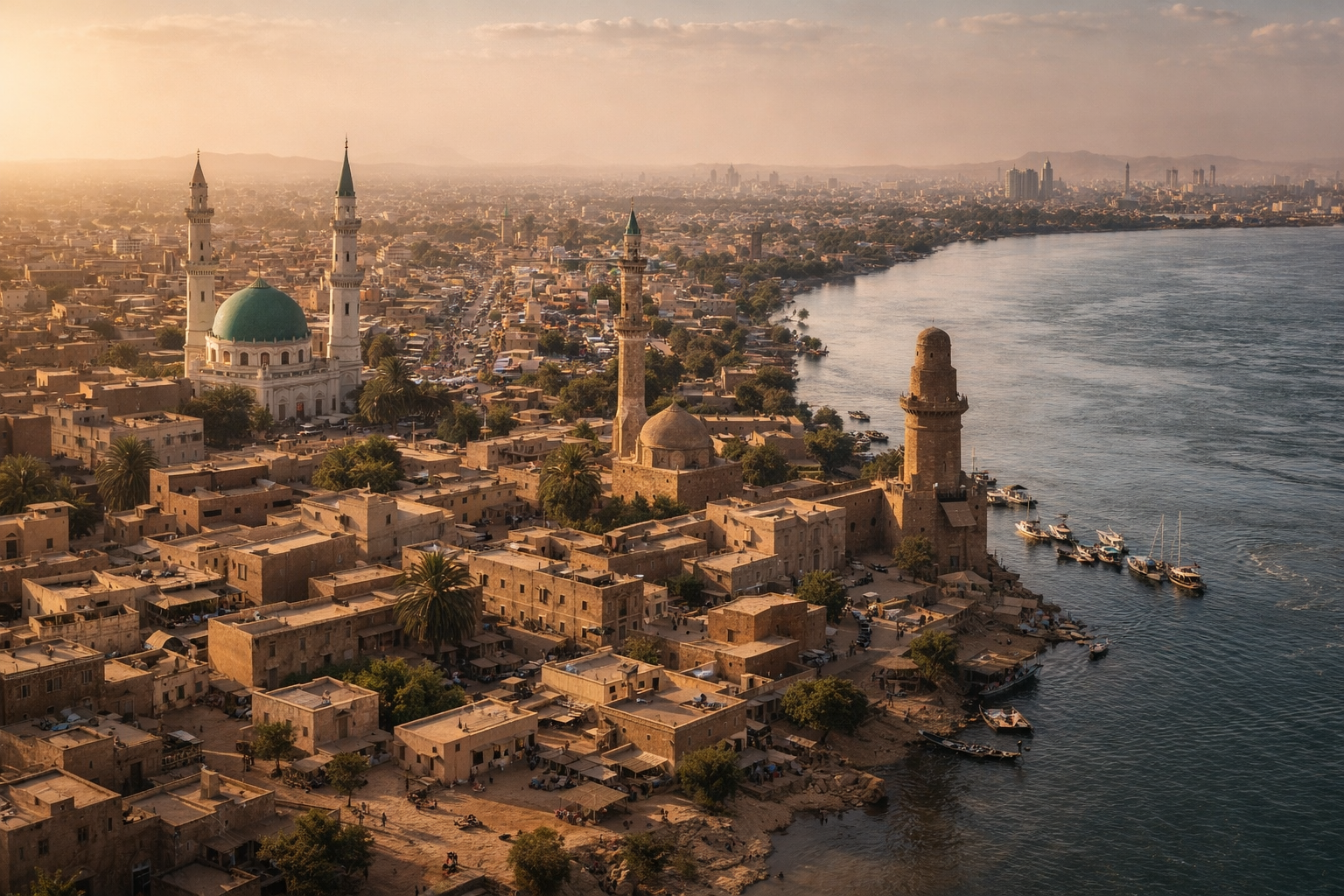 מבט אווירתי על אומדורמאן בסודן עם מרקם עירוני היסטורי, גדת נילוס, אור חמים ואווירה עירונית מסורתית.