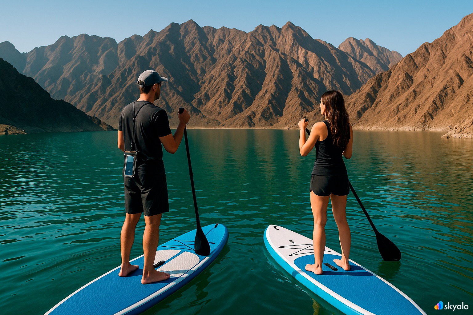 SUP session on Hatta Dam between rugged peaks