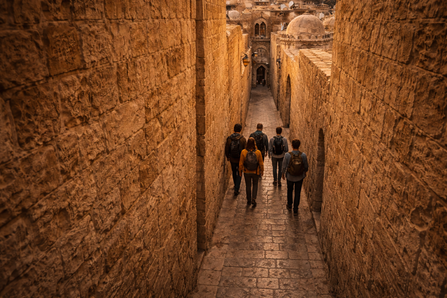 Icherisheher—a narrow alley with tall ancient stone walls in warm tones; a group of six tourists walks along the cobbled street, the massive texture of old stone dominating the frame.